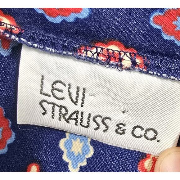 Vintage Levis Shirt Womens Large Blouse Navy Button Up 70s Retro Pattern Disco - Picture 3 of 10